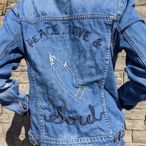 distressed graphic denim jacket